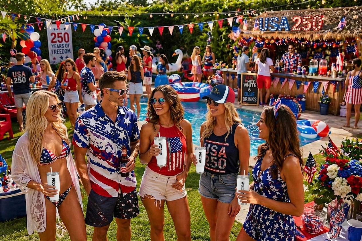 Patriotic Promotional Products with Logo for 4th of July Events Patriotic promotional products with logo including coolers, sunglasses, and towels in red white and blue for summer events